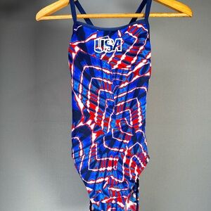 Patriotic Red, White and Blue Women's One-Piece Swimsuit with USA Logo - Size 34